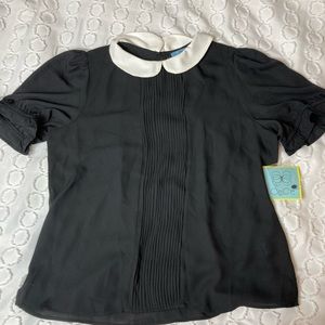 NWT- CeCe black shirt with white collar, ruffle shirt sleeve semi sheer size L
